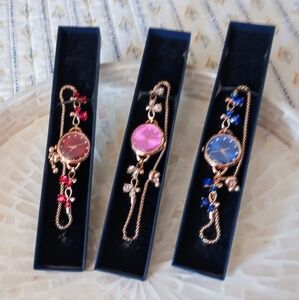 Women's BLUE, RED & PINK Stones Adjustable Gold Watch